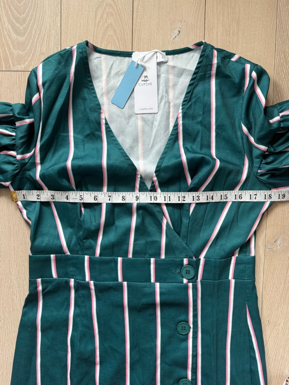 NWT Cupshe Pinstriped Puff-Sleeve Midi Dress in Green & Pink Women’s Size Large - Picture 13 of 13